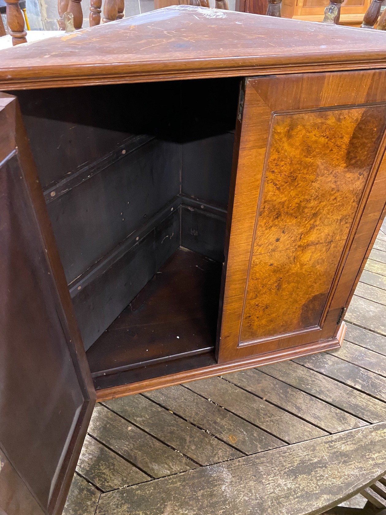 A Victorian style burr walnut hanging corner cabinet, width 63cm, depth 35cm, height 62cm
